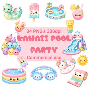 Op de afbeelding: Een verzameling digitale illustraties met kawaii-stijl zwembadfeest-elementen, waaronder een drakenzwemband, ijsje, zwembad, drankjes, ballonnen, waterglijbaan, zonnebrandcrème, zwembril, eenhoornzwemband, zon en handdoek met de tekst 34 PNG's 300dpi KAWAII POOL PARTY Commercial use.