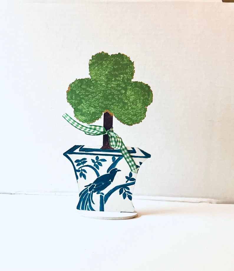Handmade and Hand Painted Chinoiserie Shamrock Topiary in Blue and