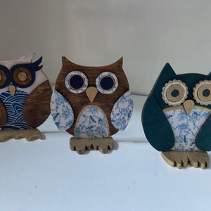 Whimsical Chinoiserie Fall Owl Figurines Shelf Sitter Decor