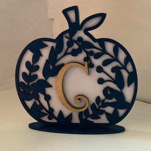 Blue and White Personalized Mononogram Pumpkin Shelf Sitter Decor