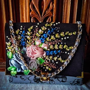 Ribbon embroidered shoulder bag, embroidered cross body bag, Ribbon embroidery hand bag , hand bag with Roses