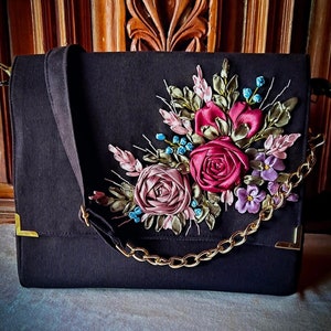 Ribbon embroidered shoulder bag, embroidered cross body bag, Ribbon embroidery hand bag , hand bag with Roses