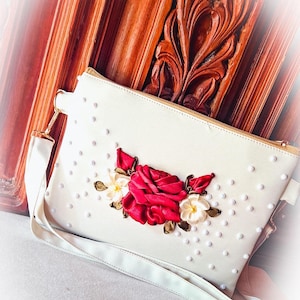 Ribbon embroidered shoulder bag, embroidered cross body bag, Ribbon embroidery hand bag , hand bag with Roses