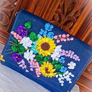 Ribbon embroidered shoulder bag, embroidered cross body bag, Ribbon embroidery hand bag , hand bag with Roses