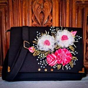 Ribbon embroidered shoulder bag, embroidered cross body bag, Ribbon embroidery hand bag , hand bag with Roses