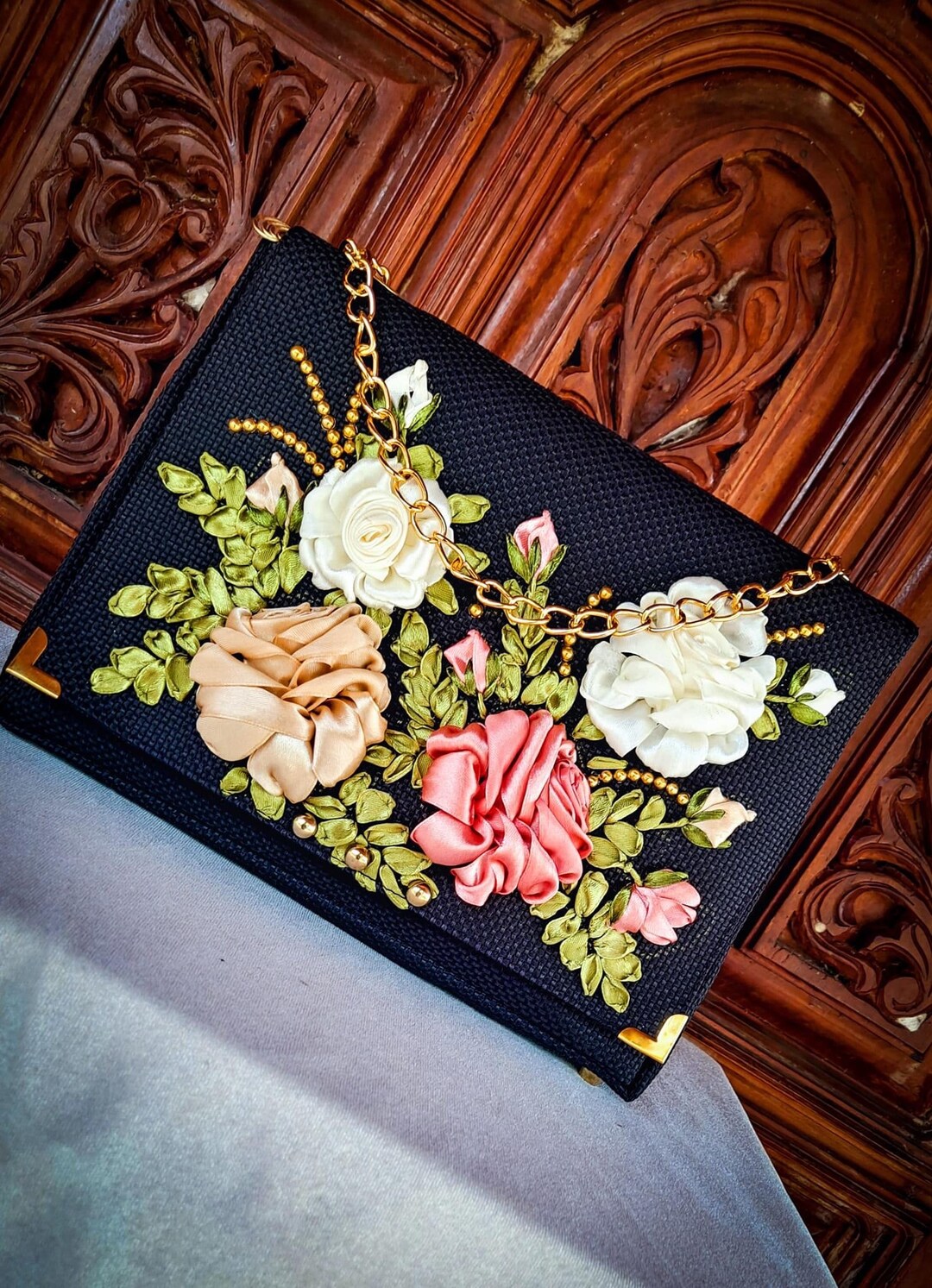 Ribbon Embroidered Shoulder Bag, Embroidered Cross Body Bag, Ribbon ...