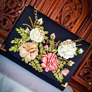 Ribbon embroidered shoulder bag, embroidered cross body bag, Ribbon embroidery hand bag , hand bag with Roses