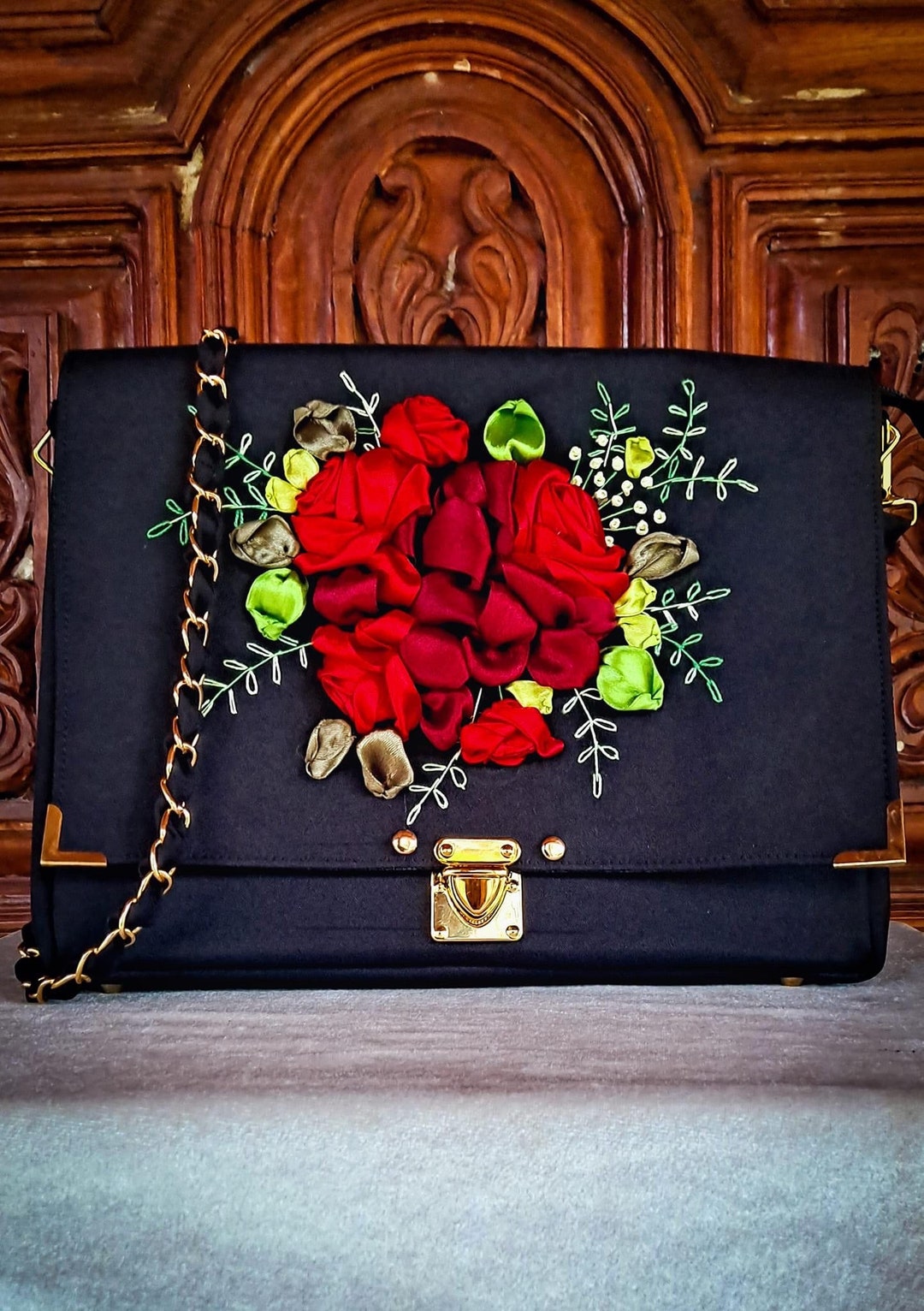 Ribbon Embroidered Shoulder Bag, Embroidered Cross Body Bag, Ribbon ...