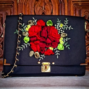 Ribbon embroidered shoulder bag, embroidered cross body bag, Ribbon embroidery hand bag , hand bag with Roses