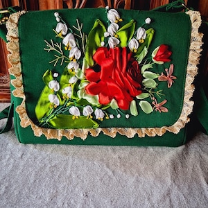 Ribbon embroidered shoulder bag, embroidered cross body bag, Ribbon embroidery hand bag , hand bag with Roses