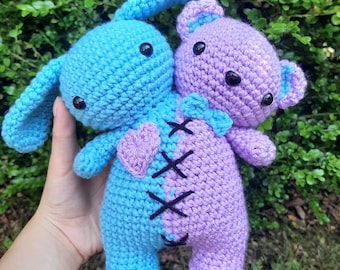 Handmade Two-Headed Crochet Plushie: Bunny & Bear - Spooky Valentine Gift