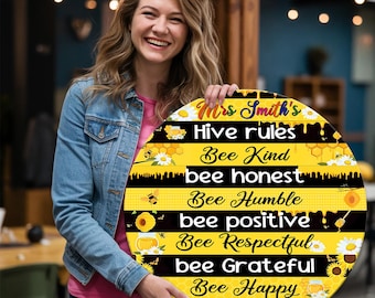 Personalized Bee Hive Rules Classroom Sign, Teacher Name Decor