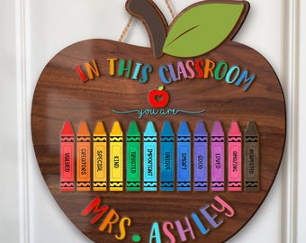 Personalized Teacher Door Sign, Apple Teacher Wooden Name Sign, Back To School Gift