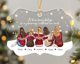 May include: A clear, scalloped-edge ornament featuring five illustrated figures with their arms around each other. The text reads, A true friendship is a journey without an end. Below are the names Amelia, Emily, Jasmine, Harper, and Selena.