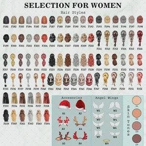 May include: A catalog page with options for hair styles, accessories, angel wings, and skin tones. The text "SELECTION FOR WOMEN" is at the top. Hair styles are numbered F181-F264. Accessories include Santa hats and antlers. Angel wings are labeled W1-W9.