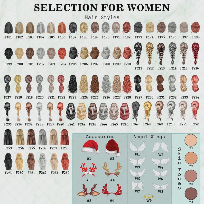 May include: A catalog page with options for hair styles, accessories, angel wings, and skin tones. The text "SELECTION FOR WOMEN" is at the top. Hair styles are numbered F181-F264. Accessories include Santa hats and antlers. Angel wings are labeled W1-W9.