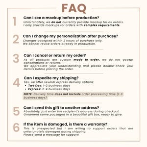 May include: A beige FAQ sheet with the title "FAQ" at the top. The sheet contains six numbered questions and answers about production mockups, personalization changes, order cancellations, shipping options, gift sending, and warranty information.