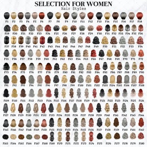 May include: A chart displaying a selection of women's hair styles, each labeled with a number. The styles range from short to long, and include various colors such as blonde, brown, black, and red.