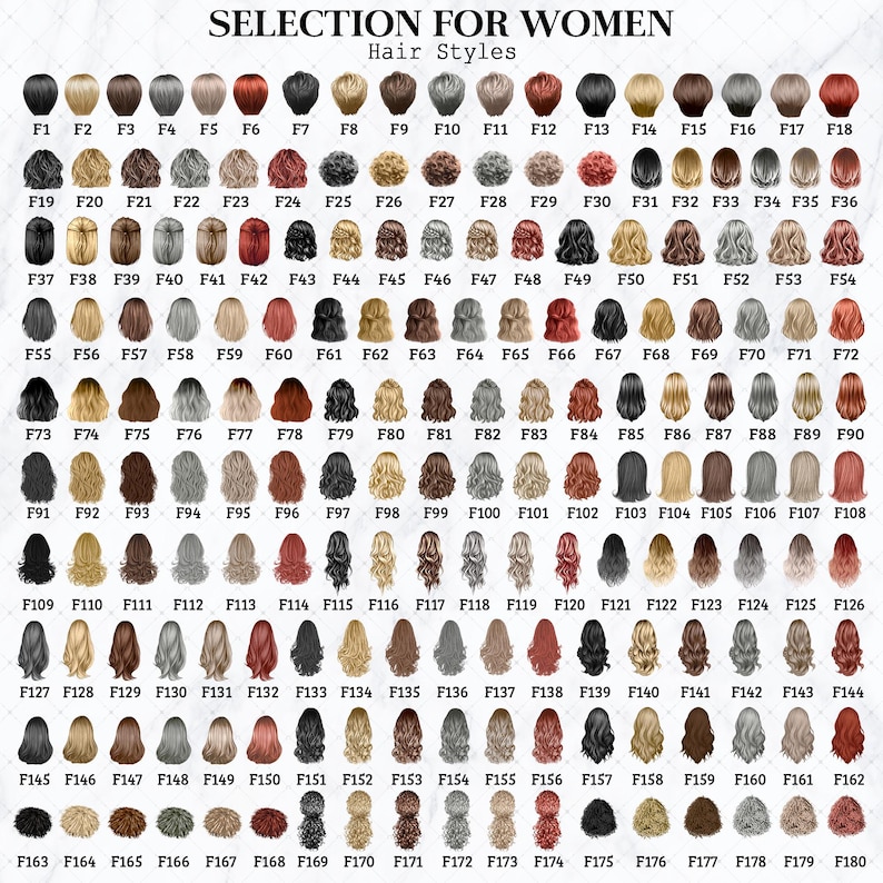 May include: A chart displaying a selection of women's hair styles, each labeled with a number. The styles range from short to long, and include various colors such as blonde, brown, black, and red.