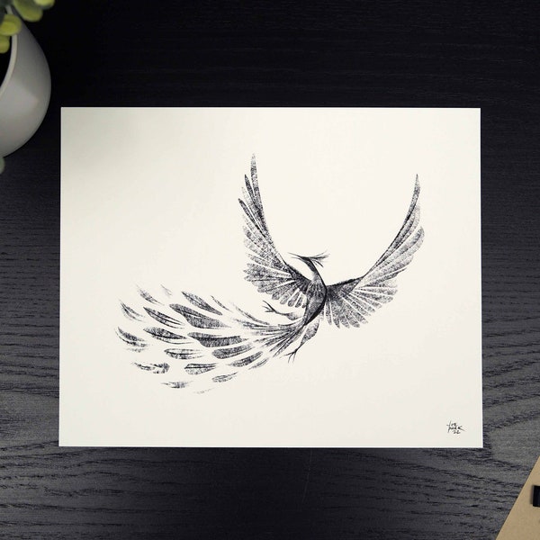 Phoenix Design Art Print - Conté Crayon Drawing Digital Art Illustration