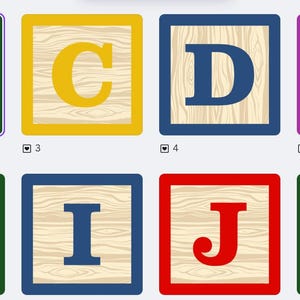 May include: Wooden alphabet blocks with letters A through L. Each block features a different letter in a bold color, framed by a contrasting border. The blocks have a light wood grain background.