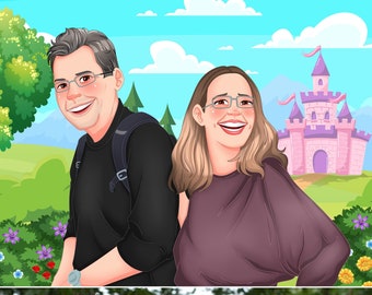Custom Disney Portrait – Personalized Cartoon Couple, Family, or Pet Illustration, Disney Style Drawing, Magical Gift for Him or Her