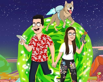 Custom Rick and Morty Portrait – Personalized Cartoon Couple or Family Drawing, Funny Animated Style Art, Unique  Birthday Gift for Him