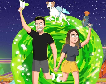 Custom Rick and Morty Portrait – Personalized Cartoon Couple or Family Illustration, Funny Sci-Fi Style Art Gift