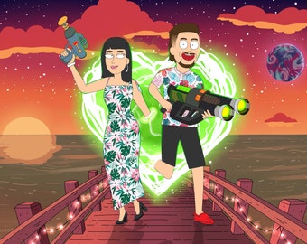 Custom Rick and Morty Portrait – Personalized Cartoon Couple or Family Illustration, Funny Sci-Fi Style Art Gift