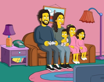 Custom Yellow Cartoon Portrait – Personalized Couple or Family Illustration, Funny Simpsonized Art Print, Unique Gift from Photo