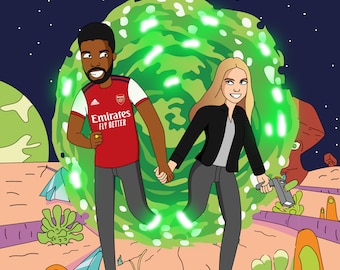 Turn Me Into Rick and Morty Portrait – Custom Cartoon Couple or Family Poster, Funny Caricature Art, Pickle & Portal Themed