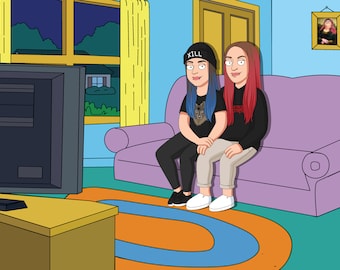 Custom Family Cartoon Portrait – Personalized Couple or Pet Illustration from Photo, Funny Anniversary or Wedding Gift for Him