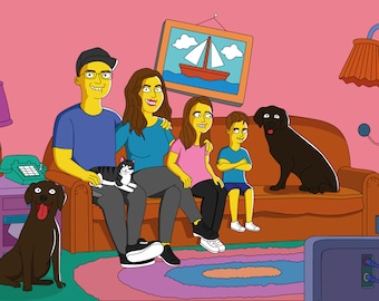 Custom Simpsons Portrait – Turn Me Yellow Cartoon Drawing, Personalized Couple or Family Illustration, Funny Gift for Him or Dad