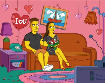 Custom Cartoon Couple Portrait – Personalized Valentine’s Day Gift, Funny Simpsonized Illustration, Unique Anniversary Art