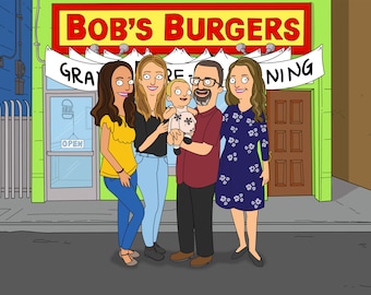 Custom Bob’s Burgers Portrait – Personalized Cartoon Couple or Family Illustration, Funny TV Style Art Poster, Unique Gift from Photo