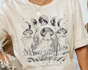 Camiseta Cottagecore con estampado de setas fantasma: Camiseta de Halloween con temática de brujas