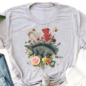 Stegosaurus  Dinosaur Botanical Flower Shirt, Cottagecore Dinosaur Shirt, Dinosaur Lover Shirt