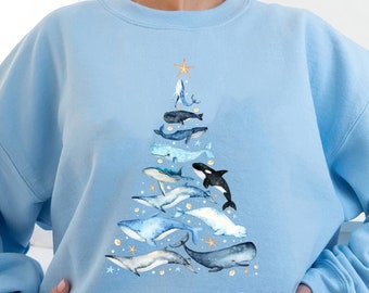 Camiseta con diseño de ballena y árbol de Navidad: Camiseta navideña con animales marinos