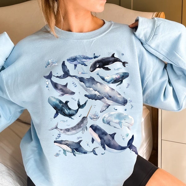 Chemise aquarelle de baleine, types de chemise de baleine, chemise de baleines mignonnes, chemise d’amant de baleines, chemise de baleine à bosse et de béluga