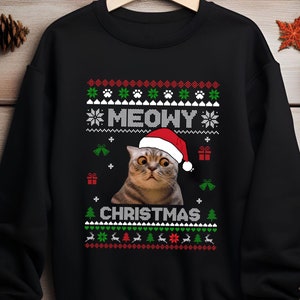Cat Ugly Christmas Shirt: Meowy Christmas Cotton Tee