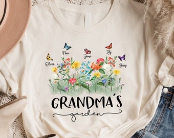 Maglietta del giardino della nonna, maglietta con fiori di nascita e nomi dei bambini, maglietta personalizzata per la mamma, regalo per la festa della mamma