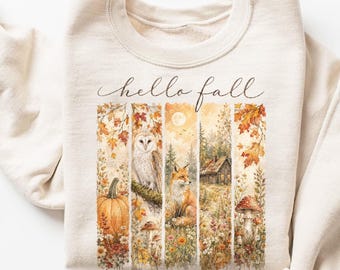 Hello Fall Shirt, Autumn Vibes Tee, Cottagecore Pumpkin Fox Owl Nature Lovers Gift