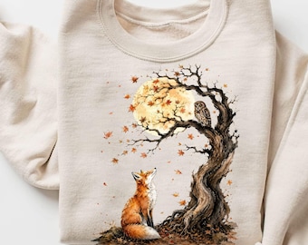Fox and Owl Autumn Shirt, Woodland Fall T-Shirt, Enchanted Forest Animal Tee, Rustic Nature Lover Gift, Cozy Autumn Graphic Tee