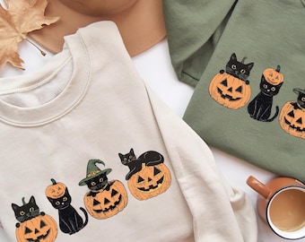 Pumpkin Cats Cotton Shirt, Halloween Black Cat Trick or Treat