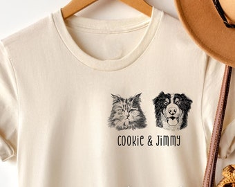 Camiseta personalizada con retrato de mascota: Regalo fotográfico con dibujo a mano de perro y gato