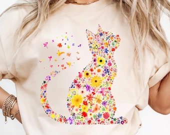 Cat Mom Shirt, Floral Kitty Graphic Tee, Feline Lover Gift