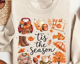 Cozy Fall Football Tee, Tis the Season Shirt, Pumpkin Harvest, Autumn Doodle Shirt