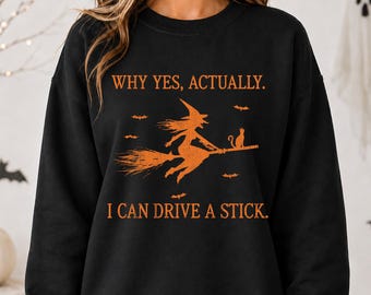 Funny Halloween Witch Shirt, Driving Stick Graphic Tee, Women's Spooky Party Costume Gift