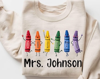 Colorful Crayon Teacher Shirt, Playful Rainbow Kindergarten Elementary Back to School Gift Tee
