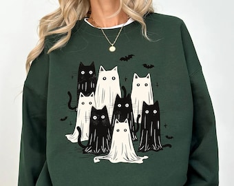 Camiseta de Halloween de gato fantasma: camiseta retro de temporada espeluznante